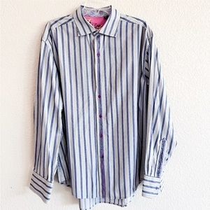 Robert Graham Stripe Silk Trim Button Down Contrast Print Shirt